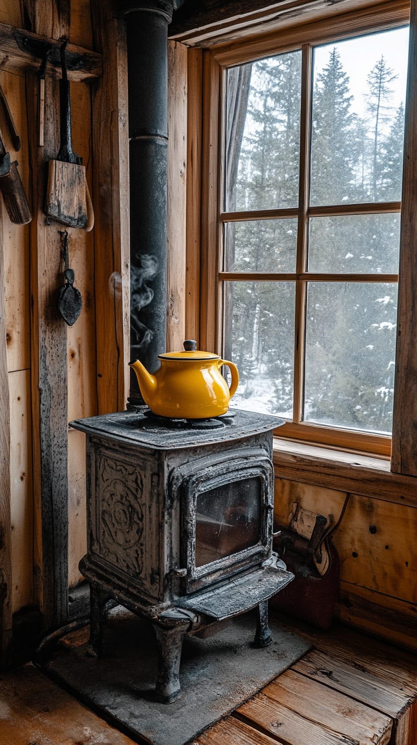 A yellow teapot resting on an old wood stove in a rustic cabin with snow visible outside the window, creating a warm and inviting atmosphere.