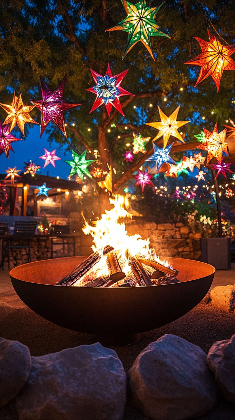 A cozy outdoor dining area illuminated by a fire bowl and colorful paper stars hanging from trees, creating a festive atmosphere for holiday celebrations.