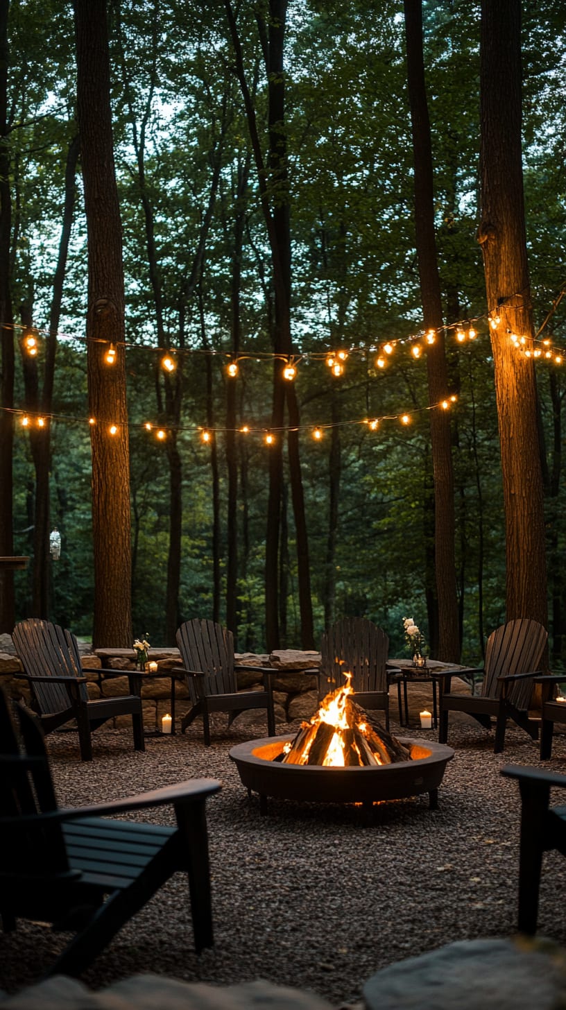 A cozy outdoor seating area with chairs around a fire pit, surrounded by trees and string lights, creating an inviting atmosphere for gatherings.