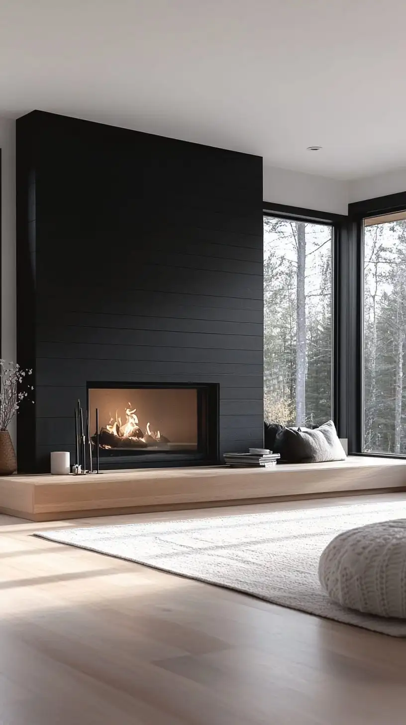 A minimalist Scandinavian interior featuring a black wall, large windows overlooking a forest, light wood flooring, and a cozy rug, creating a serene atmosphere.
