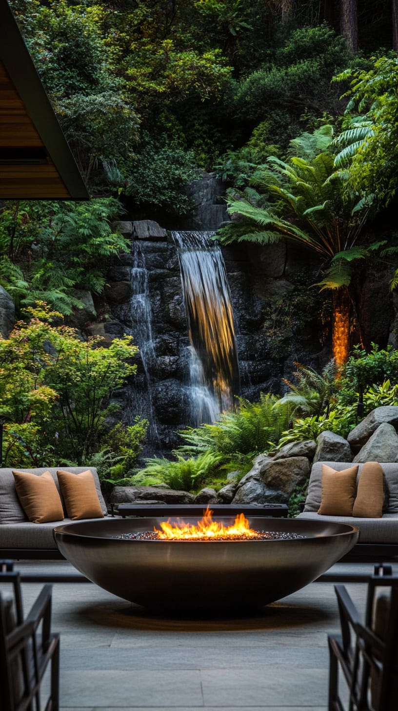 A luxurious outdoor lounge area featuring elegant seating around a fire pit, surrounded by lush greenery and a cascading waterfall.