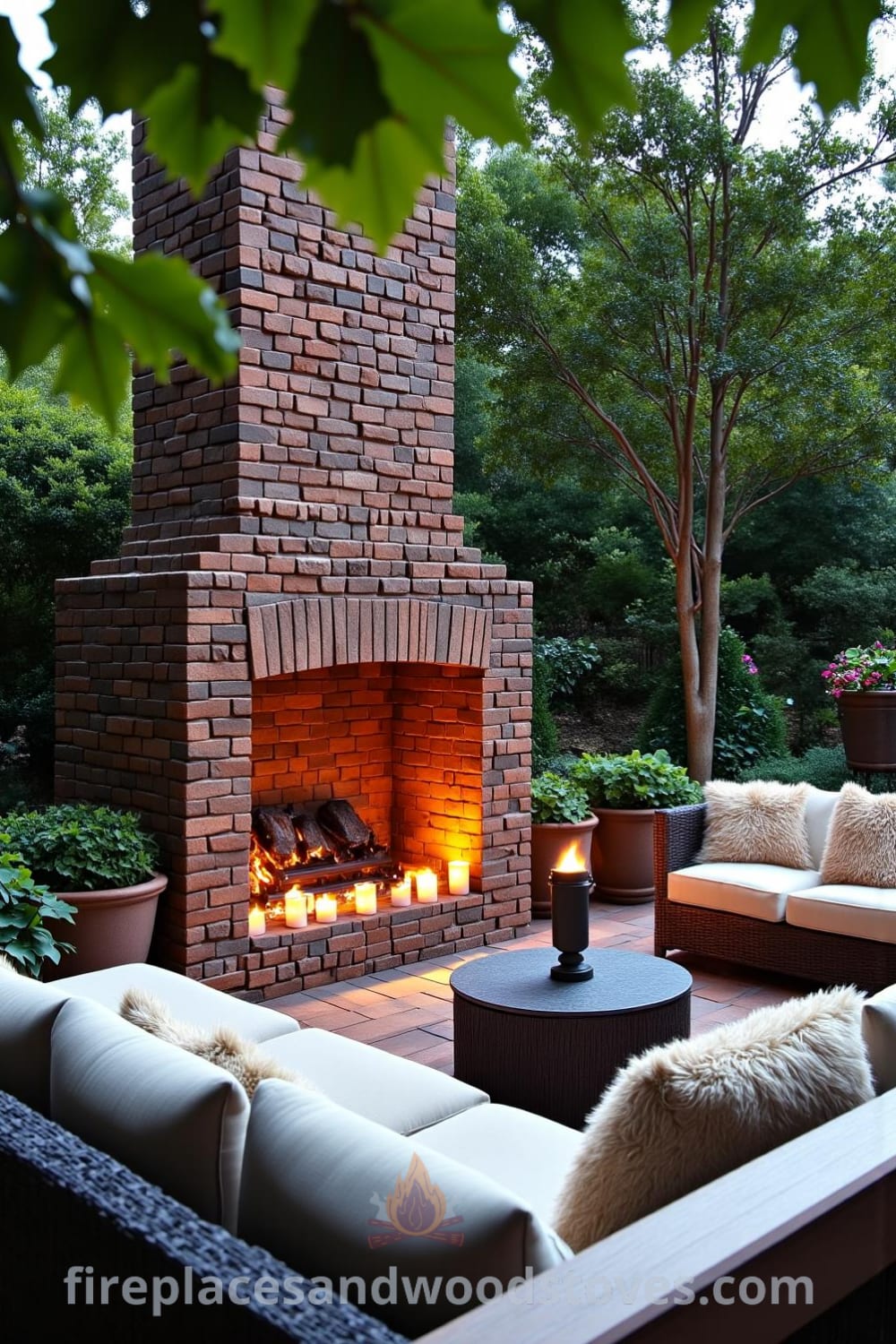 Sunken patio with a stone fireplace surrounded by lush greenery and plush cushions, providing cozy ideas for outdoor gatherings, showcasing unique design ideas that inspire a warm, inviting atmosphere at fireplacesandwoodstoves.com.
