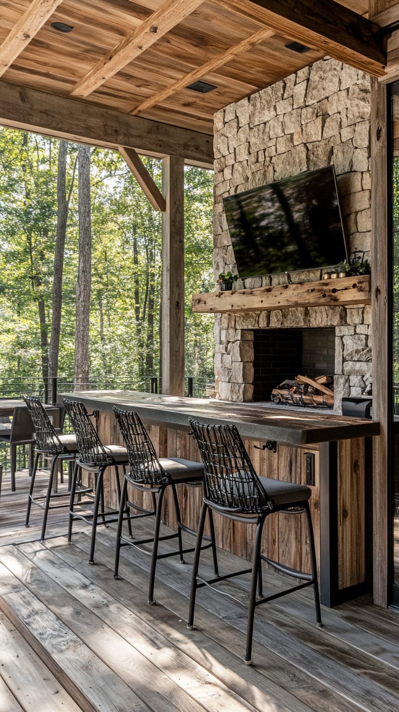 A rustic outdoor bar with a stone fireplace and a TV, surrounded by black metal chairs on an old wooden deck in a forested clearing.