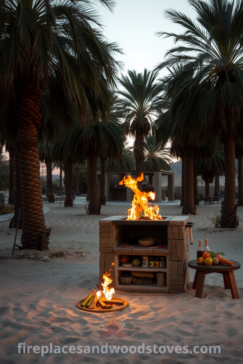 A cozy sandstone barbecue grill surrounded by palm trees under an open sky, flickering flames illuminating fresh veggies and marinades on a low table, creating a warm atmosphere for gatherings with friends at fireplacesandwoodstoves.com.