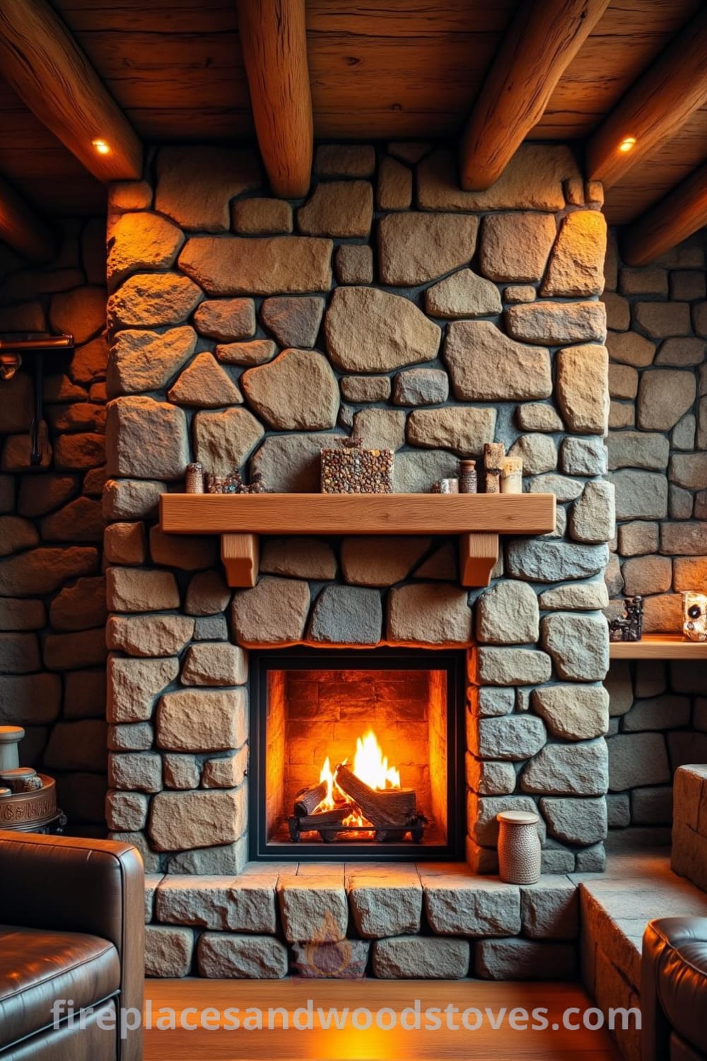 Rustic fireplace built from uneven stones in a cozy living room with flickering flames, warm golden glow, simple wooden frames on the mantle, and a well-worn armchair, offering cozy ideas and design inspirations for your home at fireplacesandwoodstoves.com.
