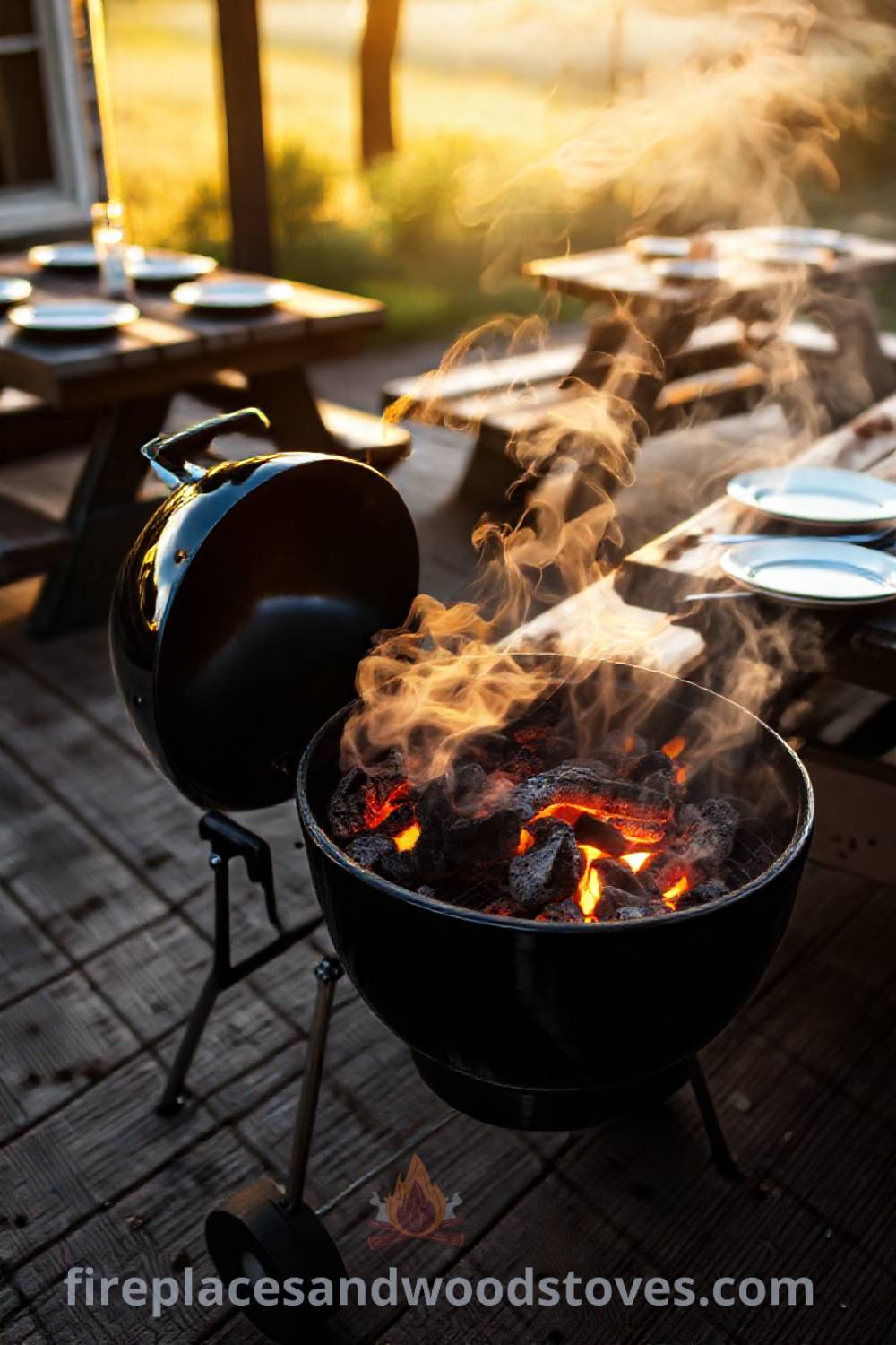 Classic charcoal grill on a weathered wooden deck with glowing charcoals and wisps of smoke, alongside a picnic table set for a gathering, creating a cozy outdoor barbecue atmosphere perfect for summer fun. Visit patioandhomefurniture.com for stylish outdoor design ideas that will wow your guests.