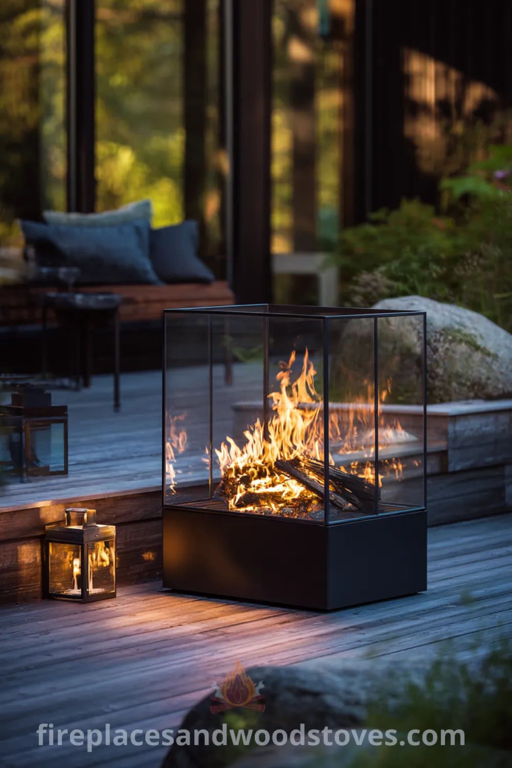Scandinavian outdoor fireplace features light wood cladding, black metal accents, and warm fire glow for a serene garden setting.