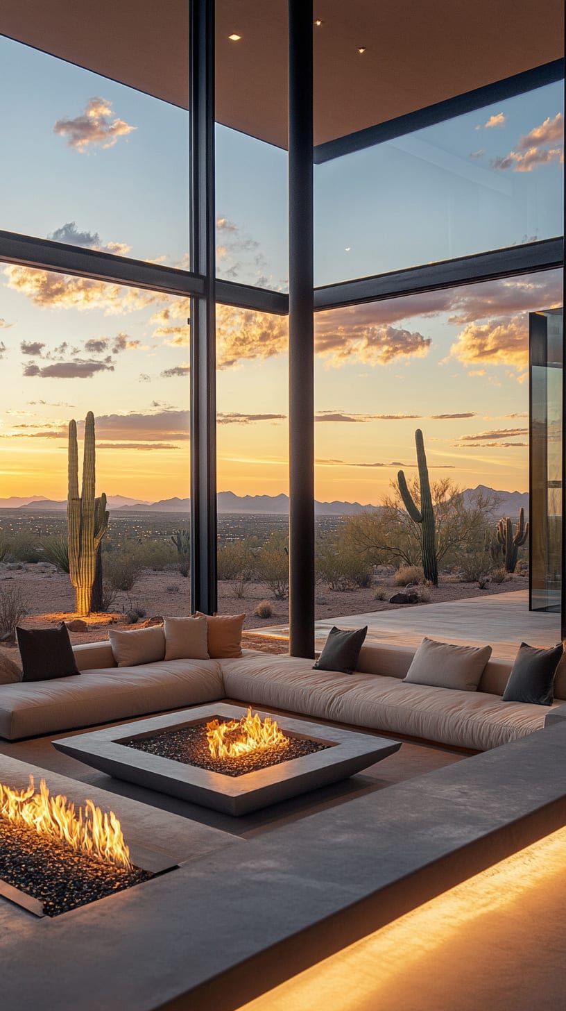 A modern desert home interior featuring floor-to-ceiling windows, a central fire pit, and comfortable seating, overlooking a picturesque sunset in the Arizona landscape with cacti outside.