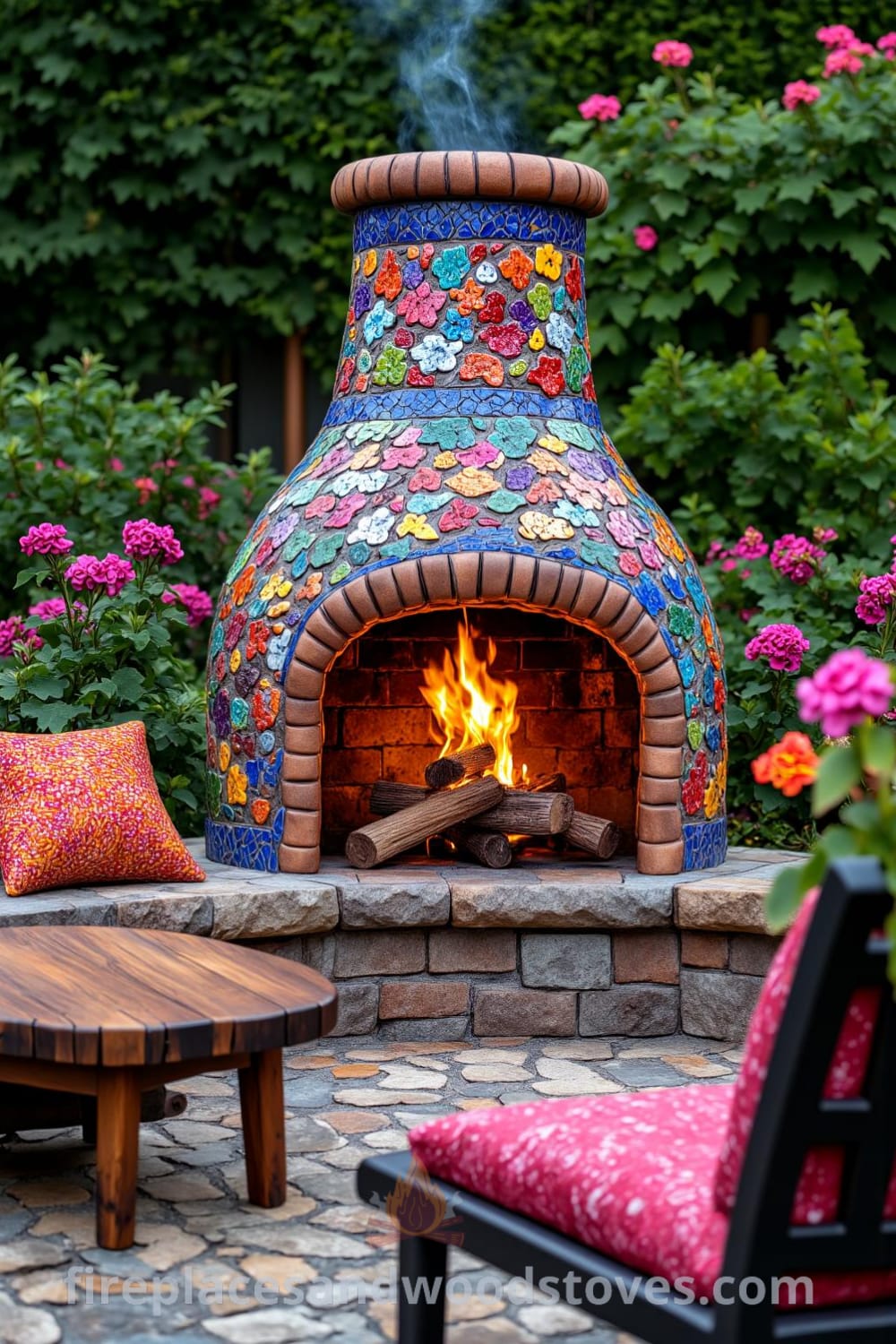 Colorful Bohemian mosaic firepit surrounded by lush greenery and blooming flowers, with a rustic wooden bench adorned with cushions, inviting for cozy evenings, showcasing unique designs and inspirations for your home, fireplacesandwoodstoves.com.