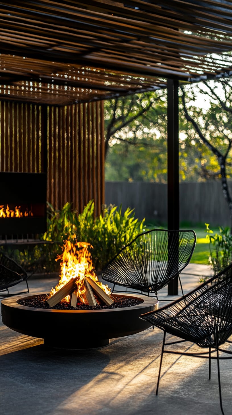 A modern outdoor fire pit surrounded by black metal chairs in a serene setting with greenery and a warm sunset glow.