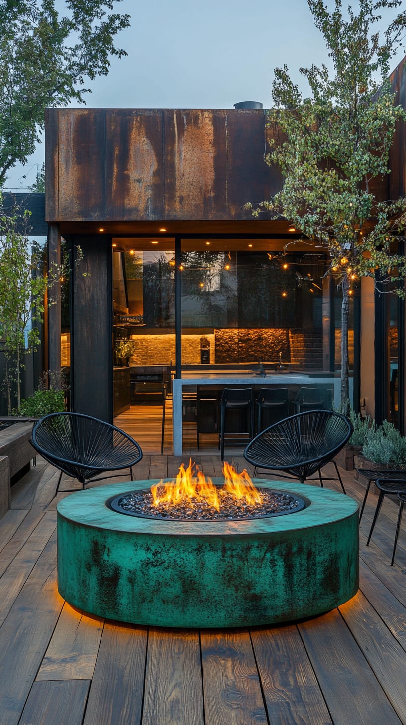 A green fire pit on a wooden deck with black metal chairs, a modern home in the background featuring rustic walls and warm lighting.