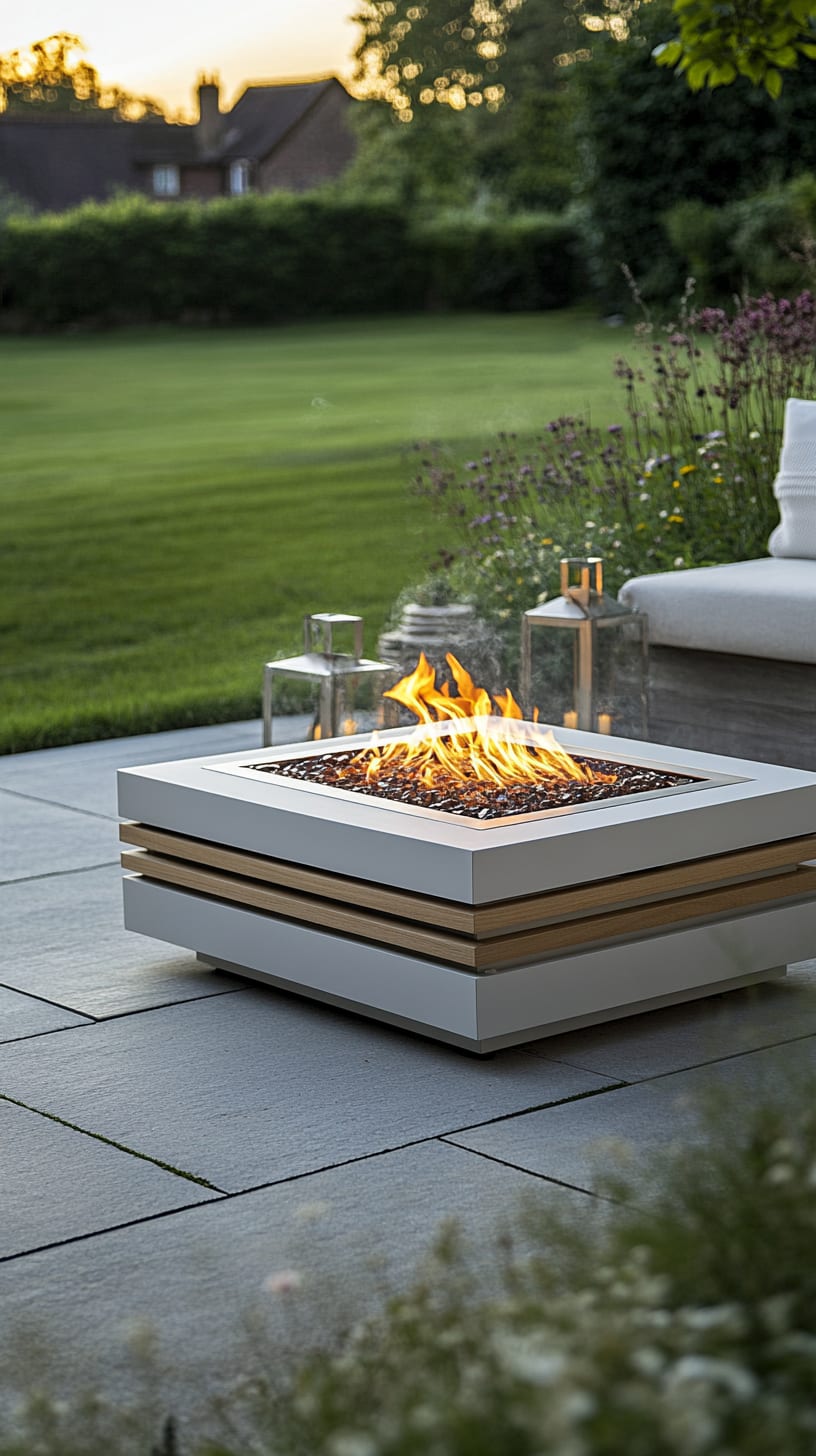 A contemporary outdoor fire pit with a white steel frame and wooden accents set on a patio, surrounded by lush greenery and flowers, with flickering flames creating a warm ambiance.