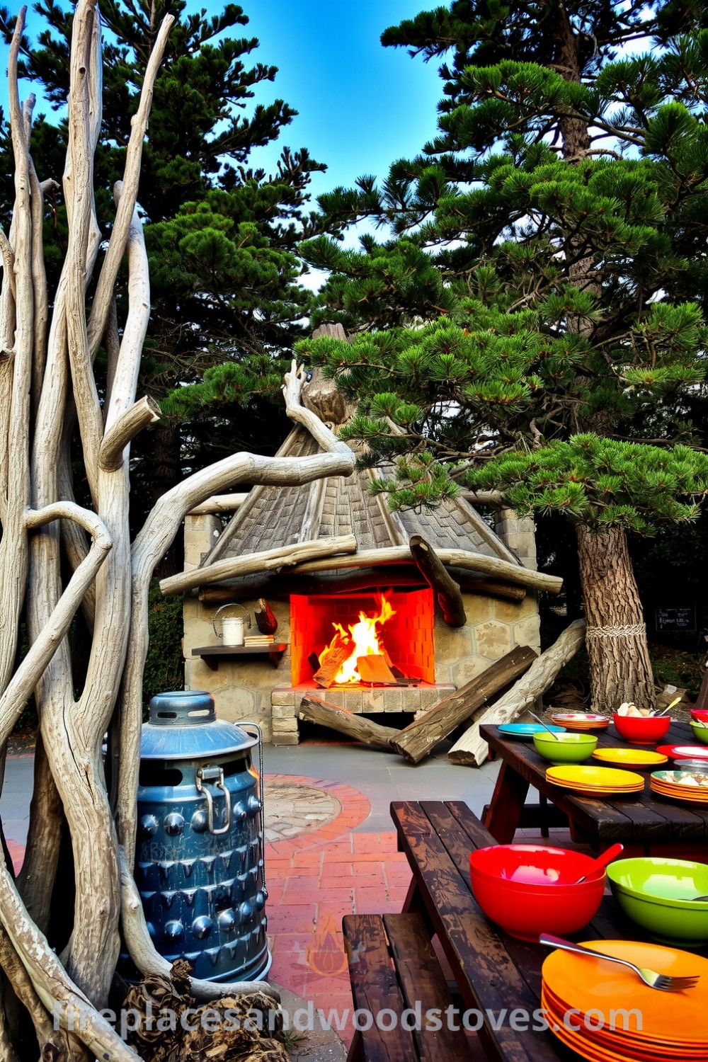 Cozy outdoor barbecue scene featuring sun-bleached driftwood, weathered stone patio, vibrant picnic table with colorful plates, and flames flickering under coastal pines, creating an inviting ambiance for gatherings with friends at fireplacesandwoodstoves.com.