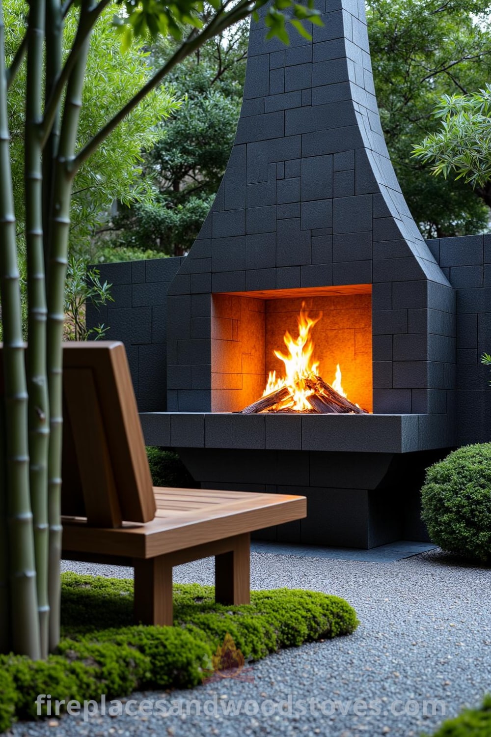 Japanese Zen fireplace in a tranquil garden surrounded by bamboo and moss, featuring soft flickering flames and a wooden bench, creating a peaceful outdoor atmosphere with cozy design ideas for your home, as featured on fireplacesandwoodstoves.com.