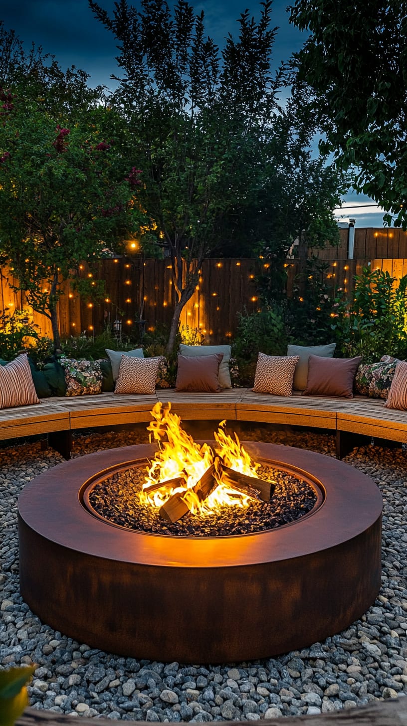 A large, round fire pit surrounded by seating in a cozy outdoor garden at night, illuminated by string lights and surrounded by greenery.