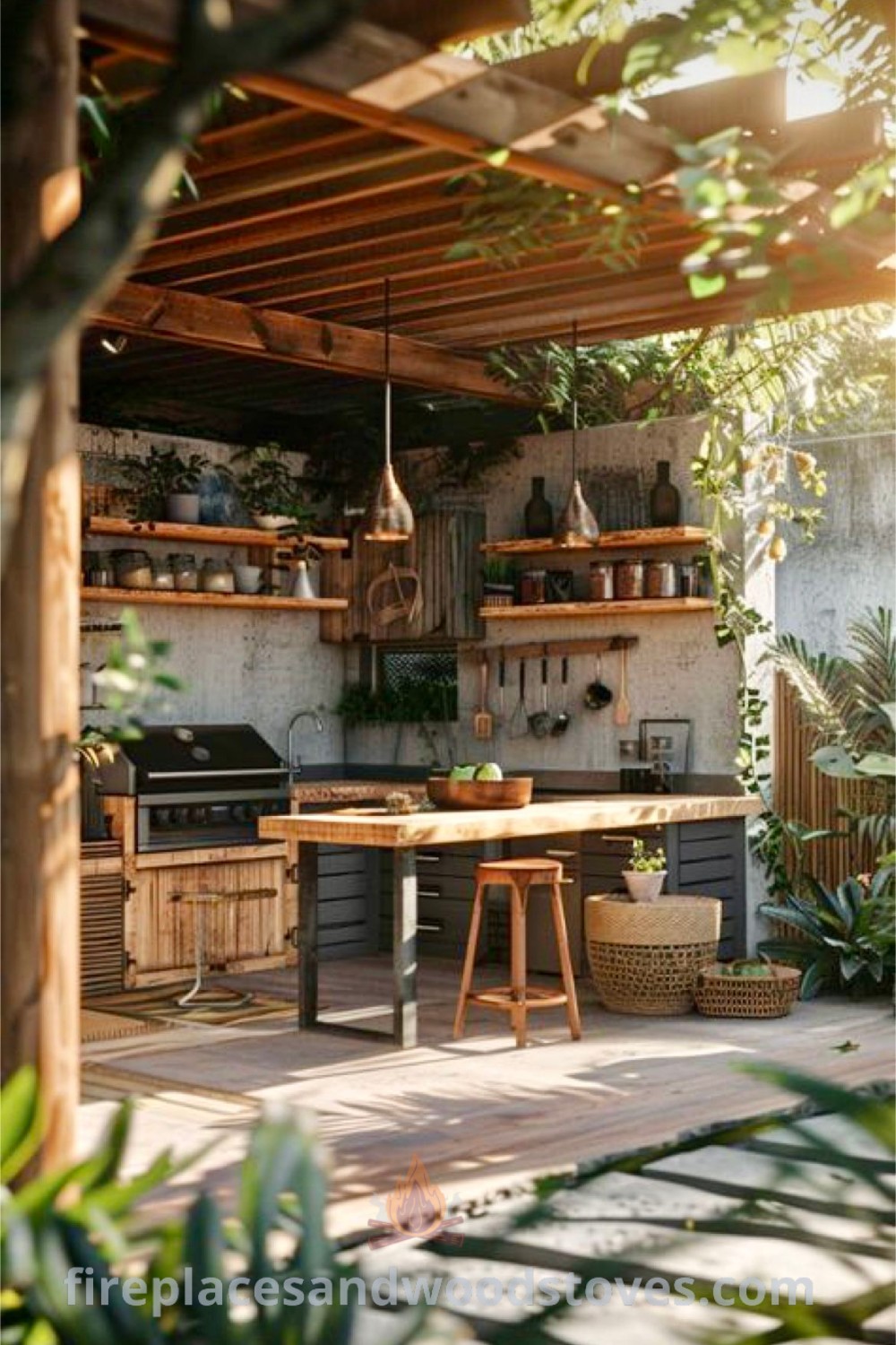 An outdoor kitchen featuring potted plants, seamlessly integrating an open kitchen to the backyard, showcasing stylish designs that transform your garden cooking area. Discover incredible outdoor kitchen ideas at patioandhomefurniture.com.