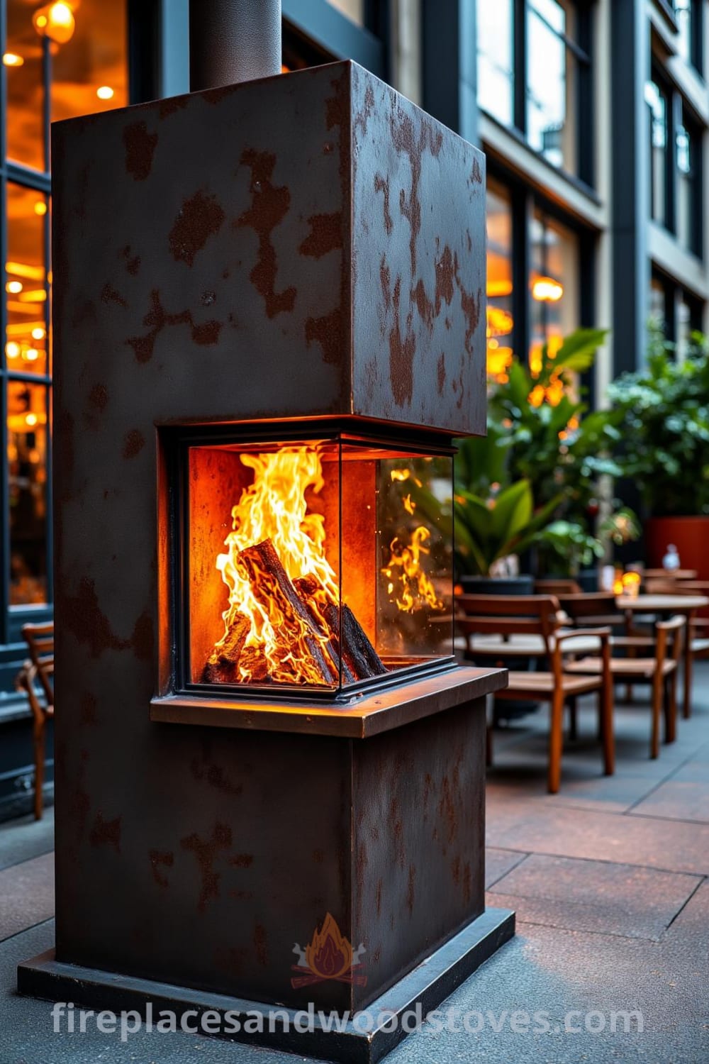 Industrial steel fireplace in a vibrant urban courtyard, flames flickering inside the raw design, warm amber glow contrasting with cool concrete surroundings, potted plants nearby, creating a cozy gathering spot with mismatched chairs, offering unique decor ideas and inspiring features for a cozy home at fireplacesandwoodstoves.com.