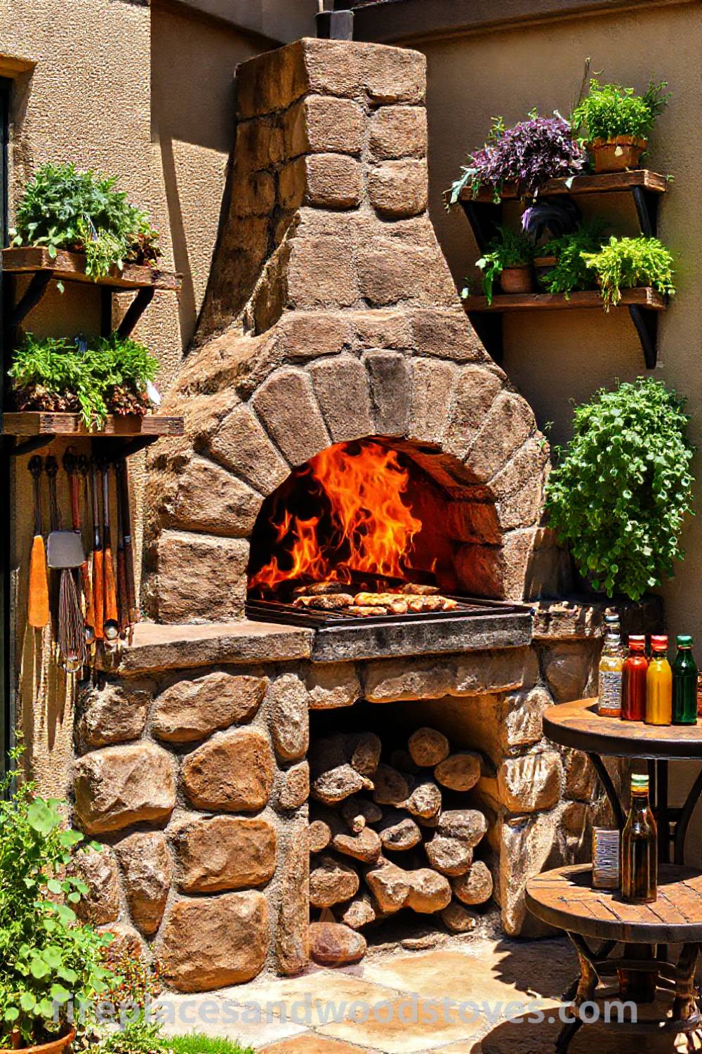 Sturdy stone BBQ oven in a sun-drenched patio with rustic wooden shelves, grilling tools, and fresh herbs, creating a cozy outdoor space perfect for summer gatherings. Visit patioandhomefurniture.com for stylish ideas that will wow your guests.