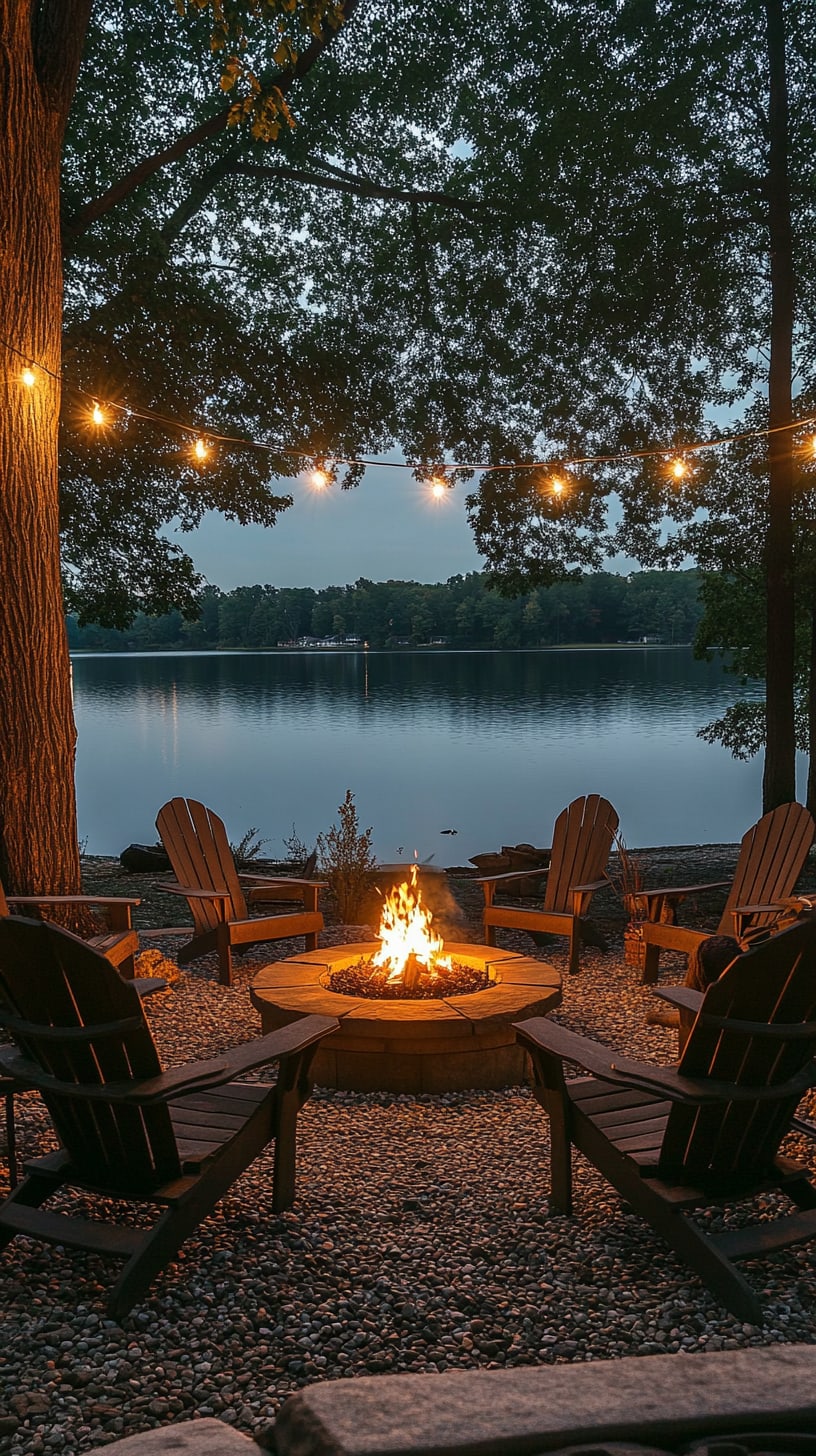 A cozy fire pit surrounded by wooden chairs near a serene lake at dusk, illuminated by soft string lights hanging from nearby trees.