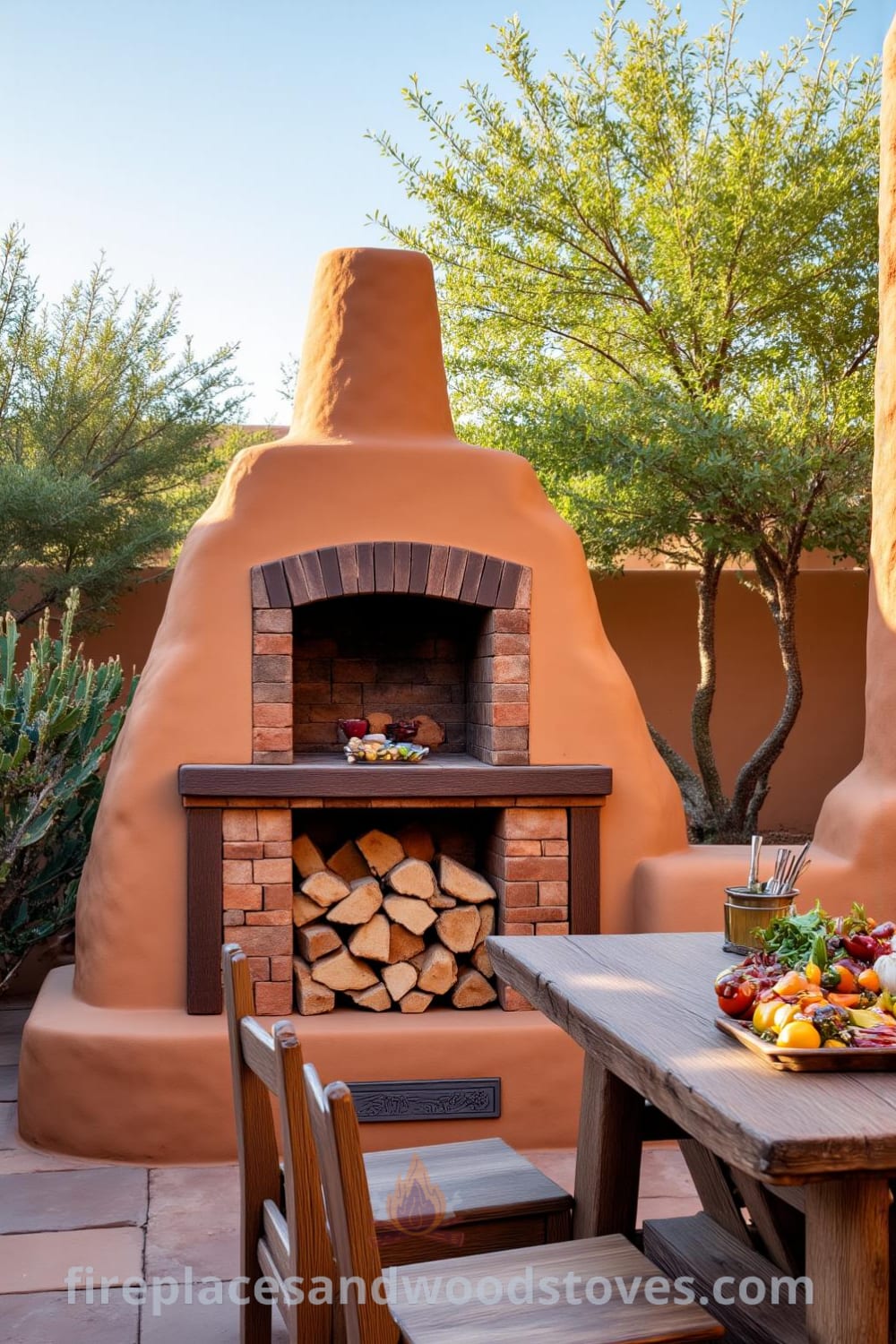 Adobe barbecue in a sun-drenched yard framed by cacti and desert plants, featuring warm clay walls, a crackling fire, and a rustic wooden table filled with fresh ingredients, embodying unique ideas for cozy outdoor gatherings at fireplacesandwoodstoves.com.