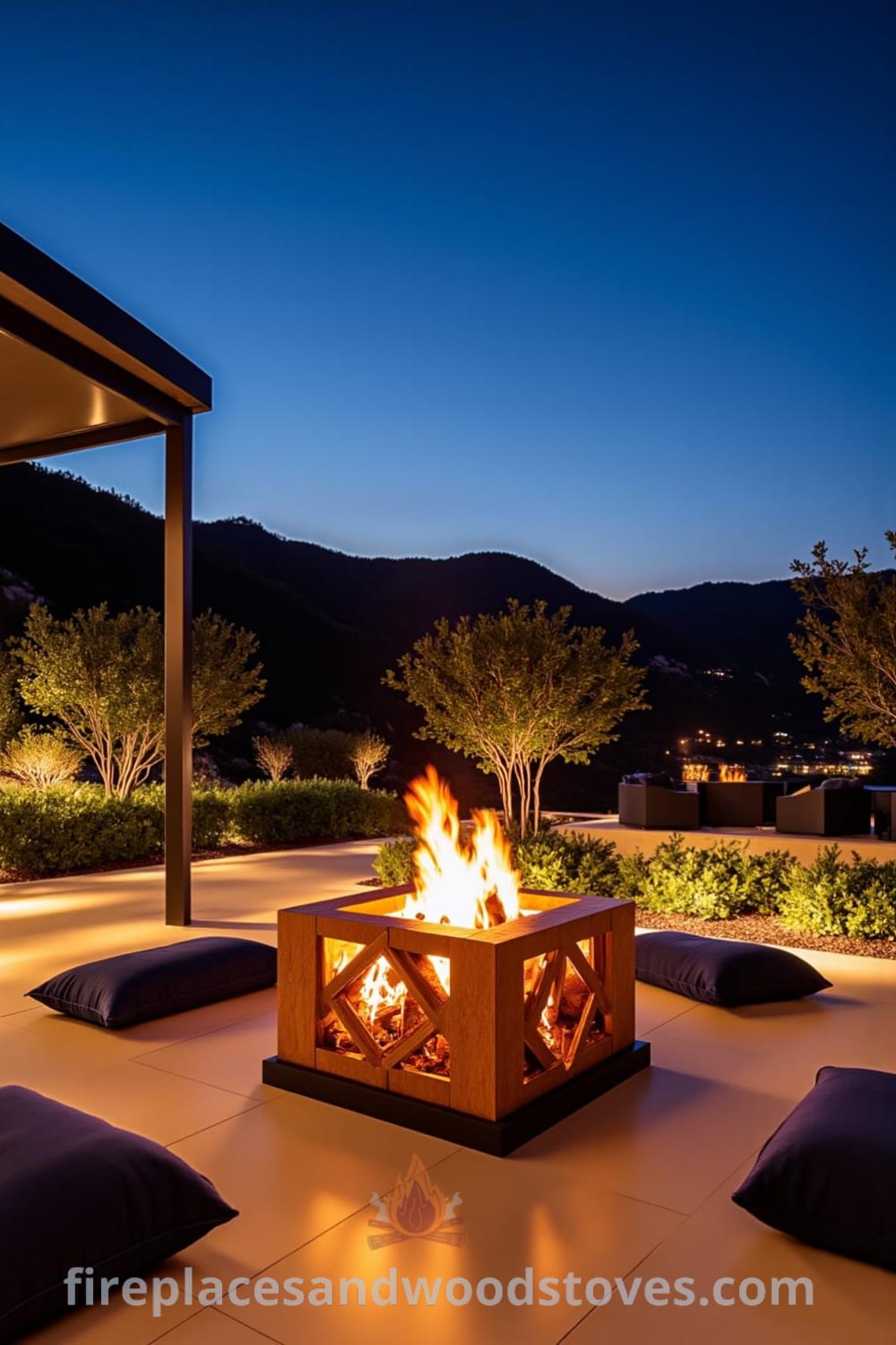 Art Deco fire pit in a sleek outdoor lounge with geometric patterns, flickering flames casting a warm glow on polished stone tiles, surrounded by plush cushions and gently swaying plants, creating a cozy and inviting setting for evening gatherings. Visit fireplacesandwoodstoves.com for unique ideas and decor inspirations.