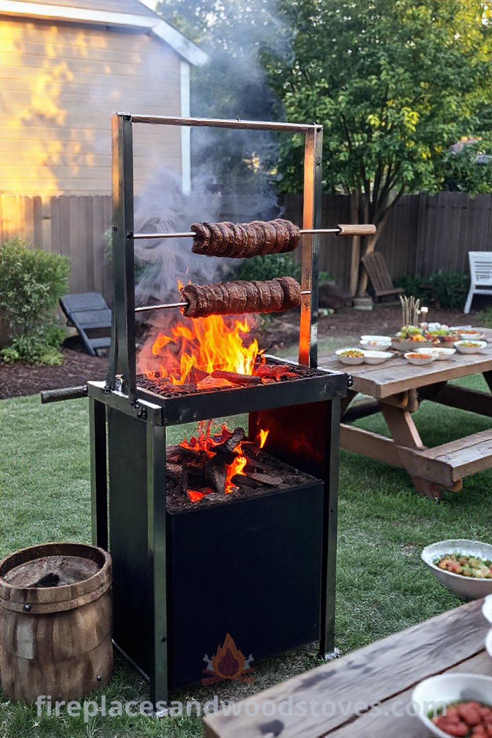 Traditional spit BBQ in a well-kept backyard with a fire crackling underneath, surrounded by a rustic picnic table filled with fresh sides, creating a cozy outdoor gathering space. Visit patioandhomefurniture.com for stylish outdoor design ideas that will wow your guests.