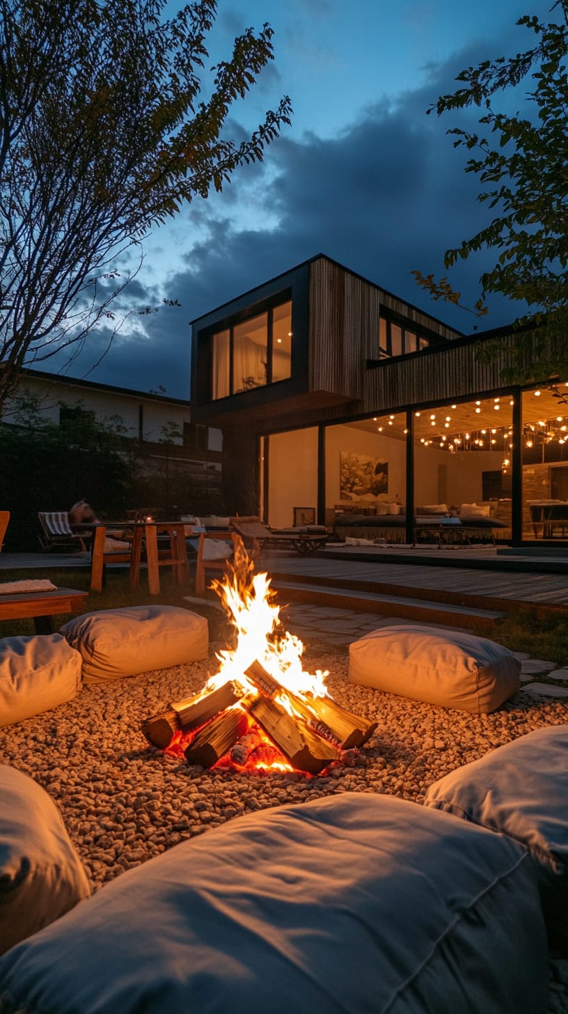 A modern house with a bonfire surrounded by beige bean bags on a pebble floor, featuring large windows and a decorative garden, illuminated by the night sky.
