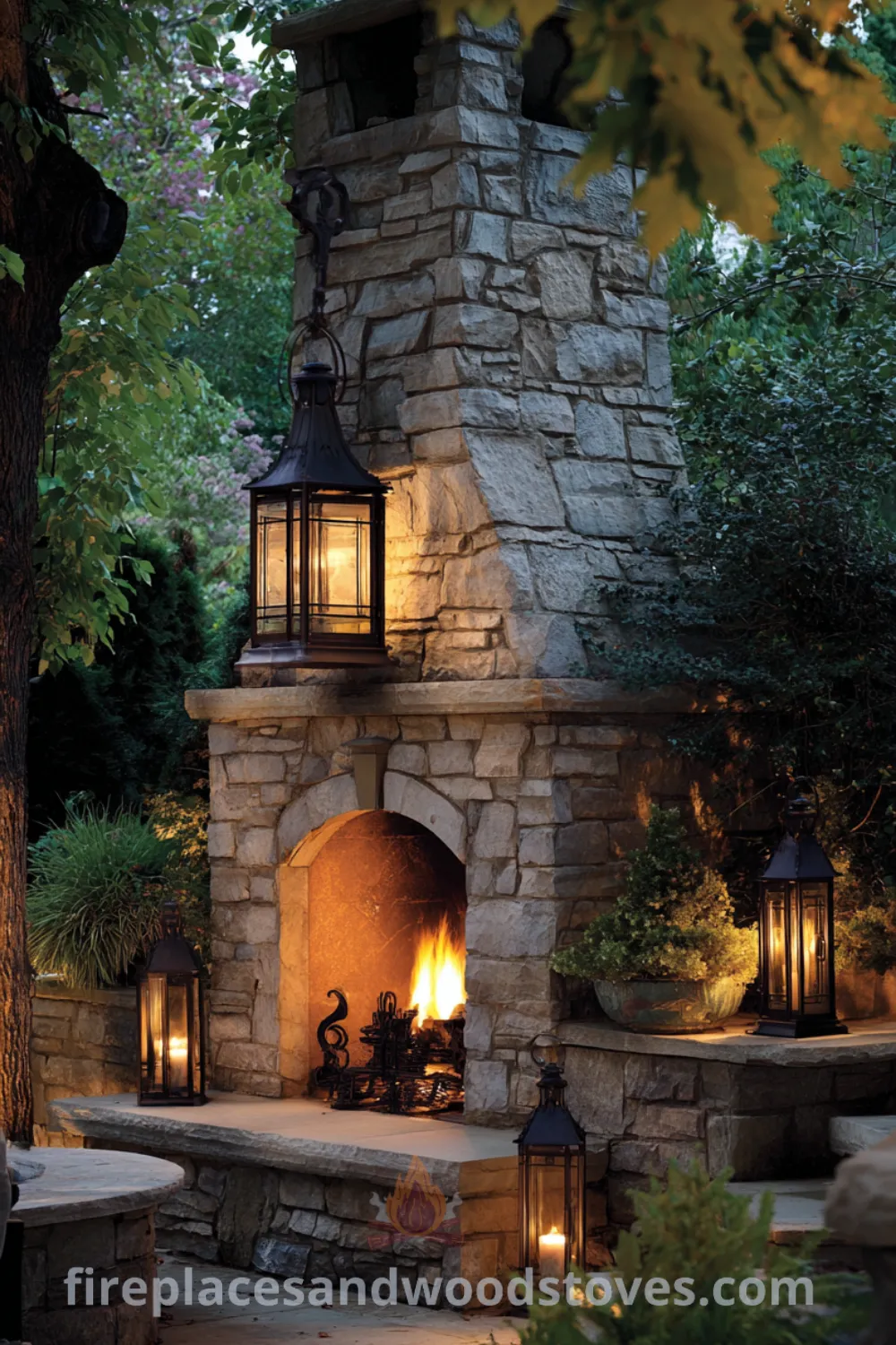 Charming farmhouse outdoor fireplace with classic outdoor lanterns, stacked stone fireplace, and cozy gathering area.