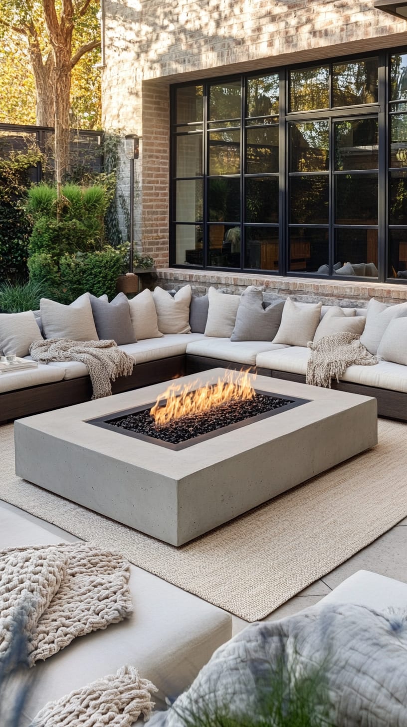 A modern outdoor seating area featuring a large concrete fire pit surrounded by plush cushions and soft blankets, complemented by a lush garden and black windows in the background.