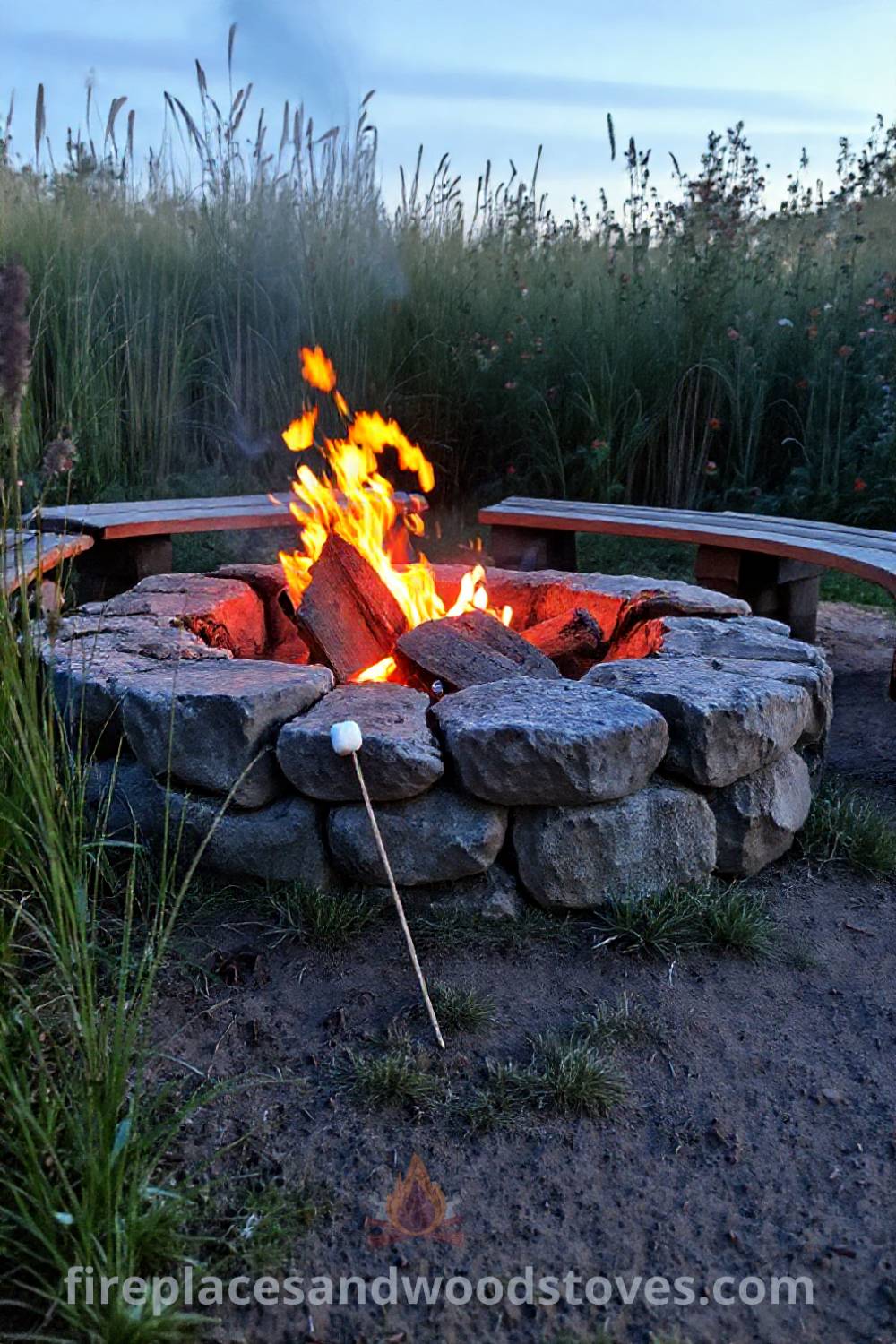 Rugged stone fire pit in a cozy backyard gathering space surrounded by wildflowers and tall grasses, with flickering flames casting warm light on nearby benches, perfect for creating inviting outdoor atmospheres. Visit patioandhomefurniture.com for stylish outdoor design ideas that will wow your guests.