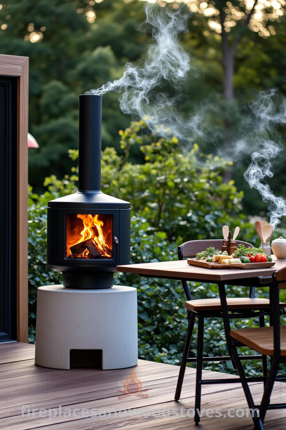 Scandinavian outdoor barbecue with a sturdy concrete base, warm flickering flames, surrounded by lush greenery and a rustic table set with fresh herbs; a cozy and inviting design idea for outdoor gatherings at fireplacesandwoodstoves.com.