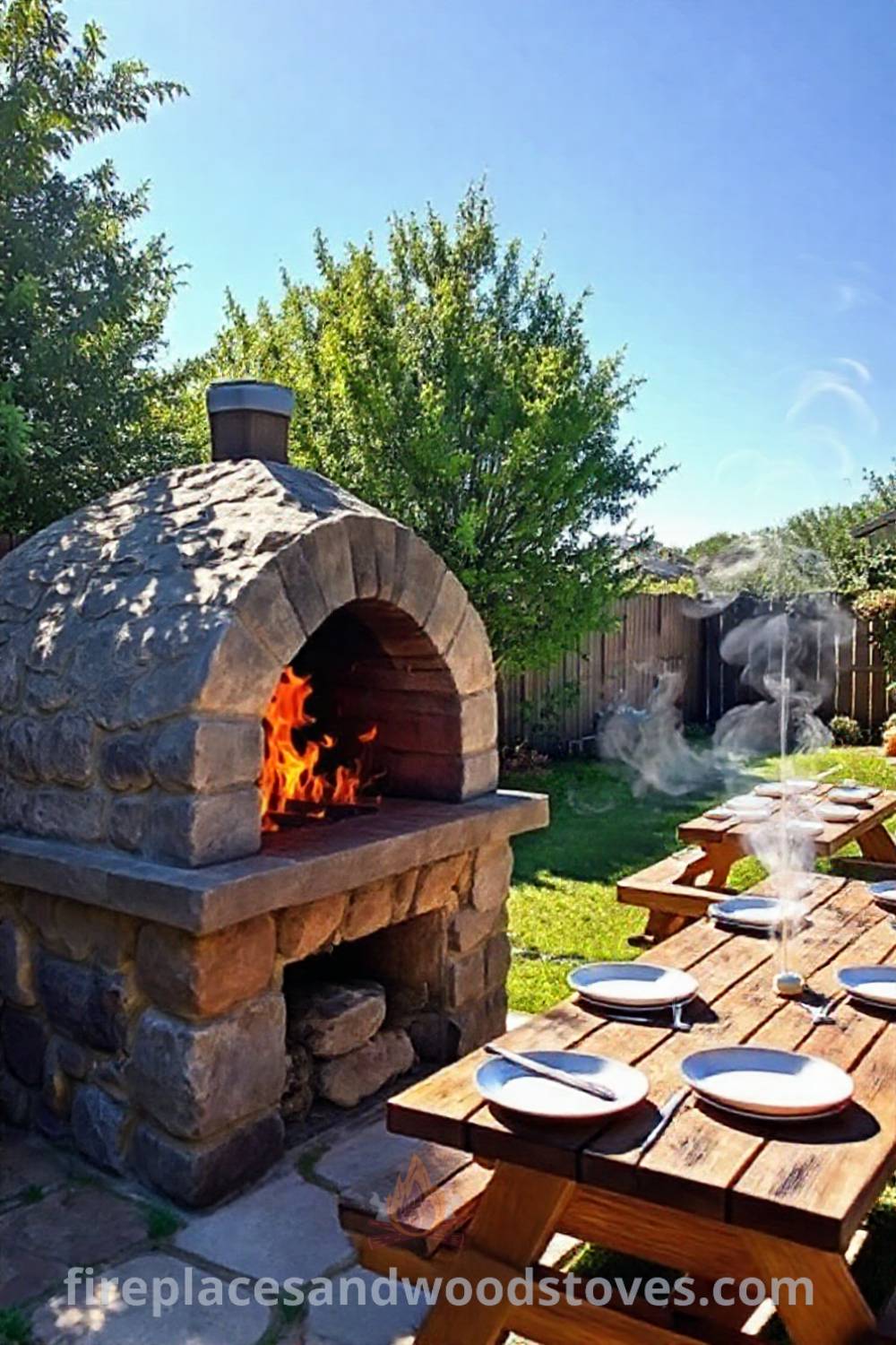 Sturdy stone BBQ oven in a sun-drenched backyard, flames flickering warmly, surrounded by greenery and a wooden picnic table set for gathering, creating a cozy and stylish outdoor space. Visit patioandhomefurniture.com for incredible ideas that will wow your guests.