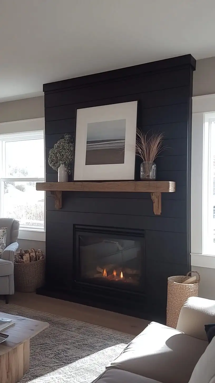 A black shiplap fireplace wall with a light-colored wood mantel, surrounded by farmhouse-style decor and natural lighting, featuring straw baskets and potted plants.