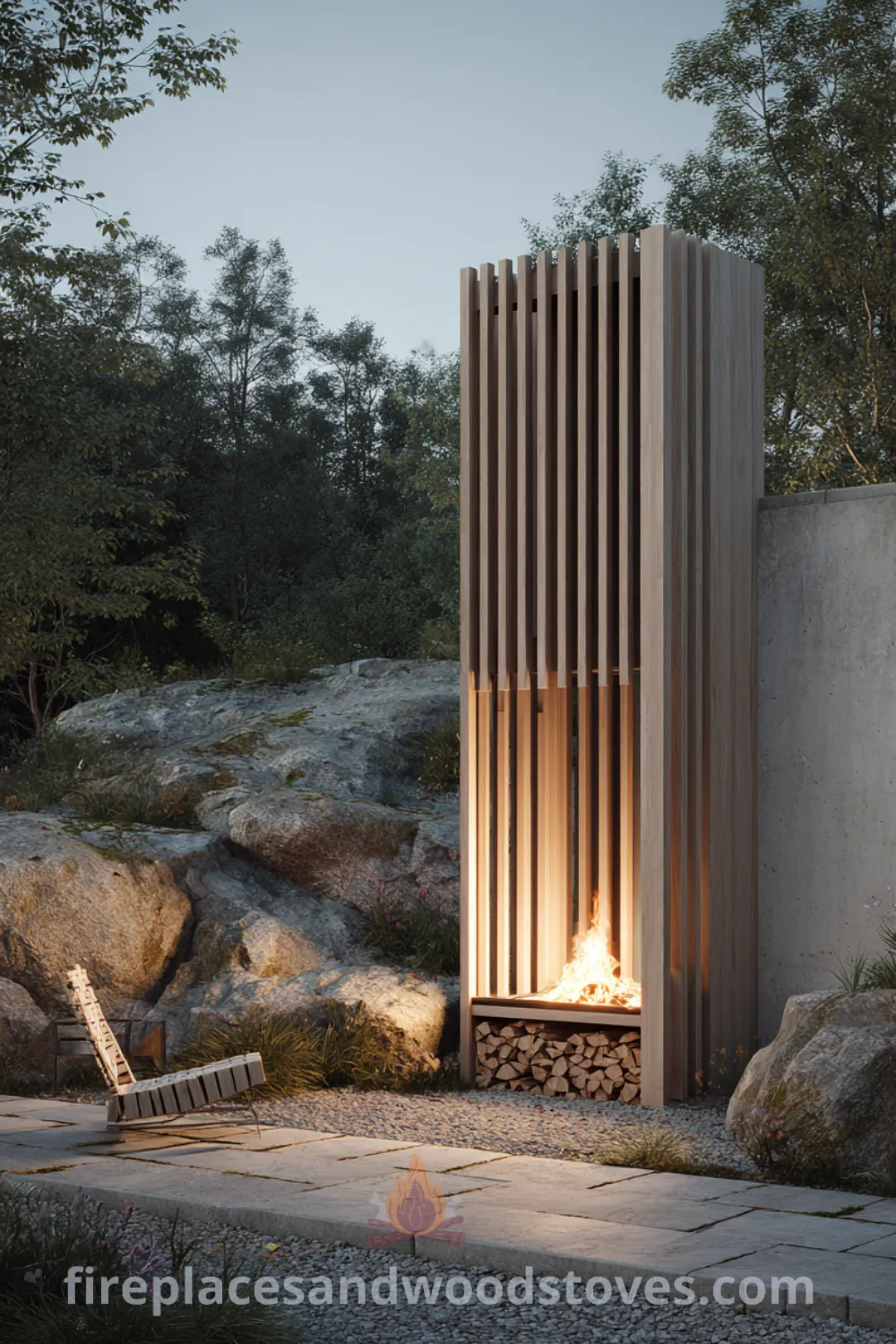 Scandinavian outdoor fireplace with light wood slats, built-in wood storage, natural stone accents, and warm fire glow.