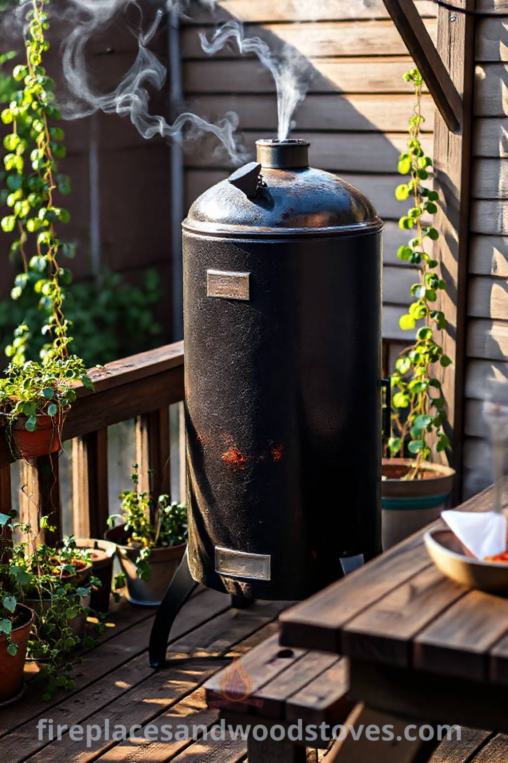 Vertical smoker barbecue on a wooden deck surrounded by potted herbs and vines, exuding a cozy and inviting atmosphere perfect for outdoor gatherings. Discover stylish ideas transforming your backyard at patioandhomefurniture.com.