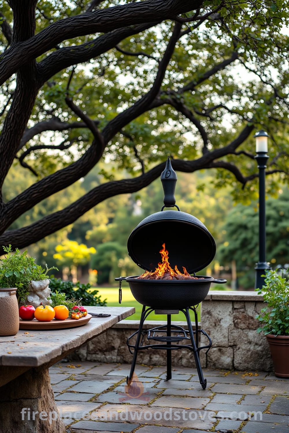 Wrought iron outdoor barbecue under an oak tree, surrounded by a stone fire pit, adorned with fresh herbs and vegetables, creating a cozy atmosphere perfect for gatherings and inspiring design ideas for outdoor decor at fireplacesandwoodstoves.com.