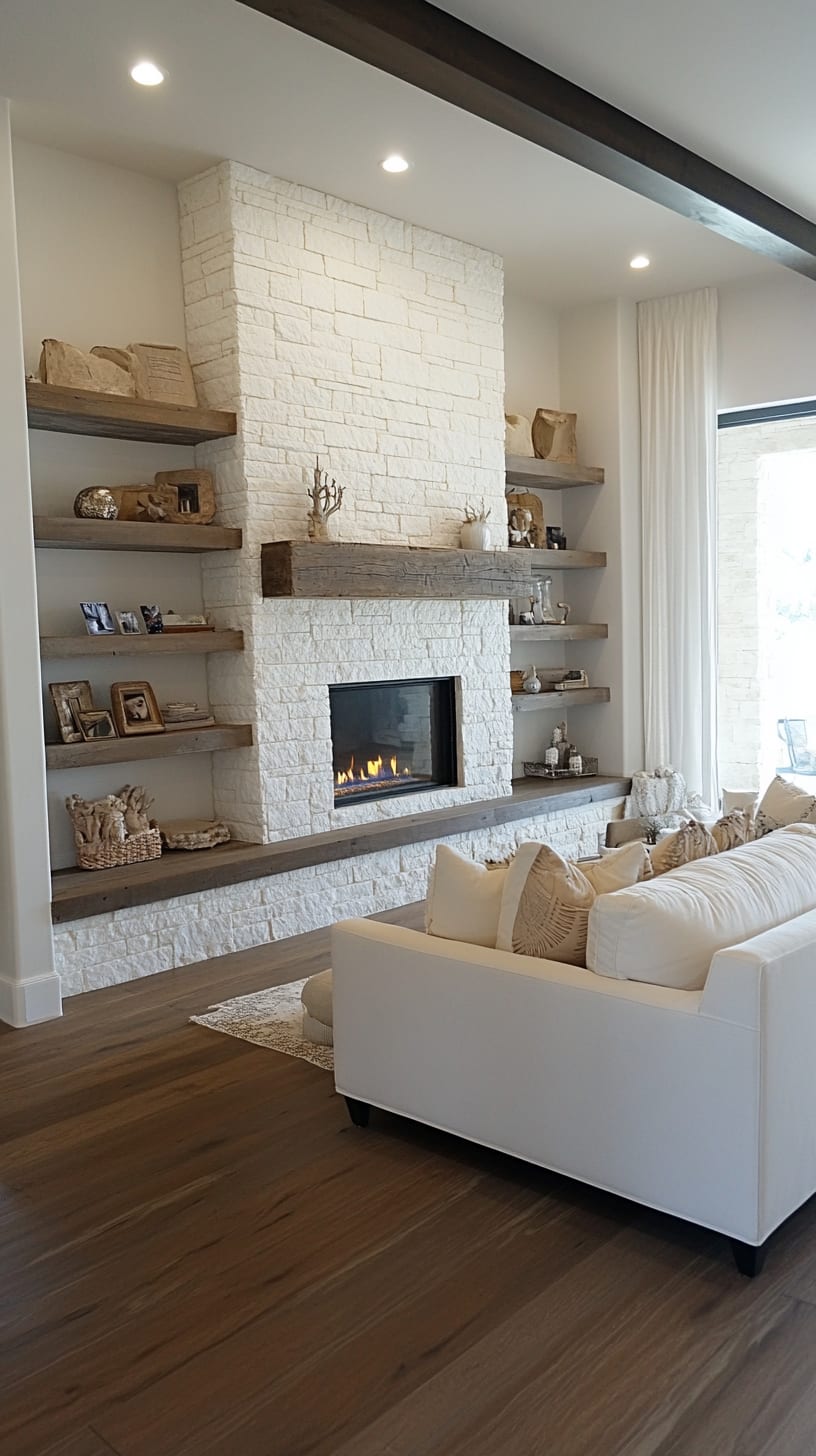 A bright living room featuring a white stone fireplace with floating shelves, natural wood flooring, and a modern farmhouse aesthetic.