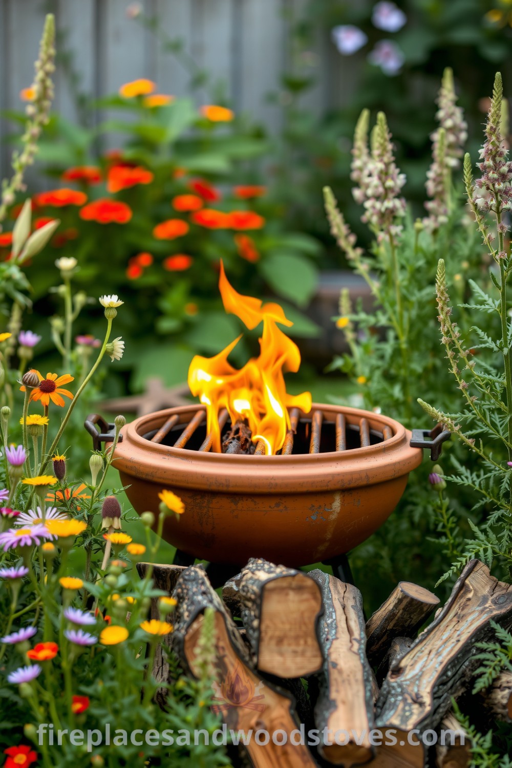 Bohemian clay outdoor barbecue in a lush garden, featuring flickering flames, earthy hues, and stacked rustic logs, creating a cozy atmosphere perfect for gatherings, ideal for design ideas and inspirations for your home at fireplacesandwoodstoves.com.