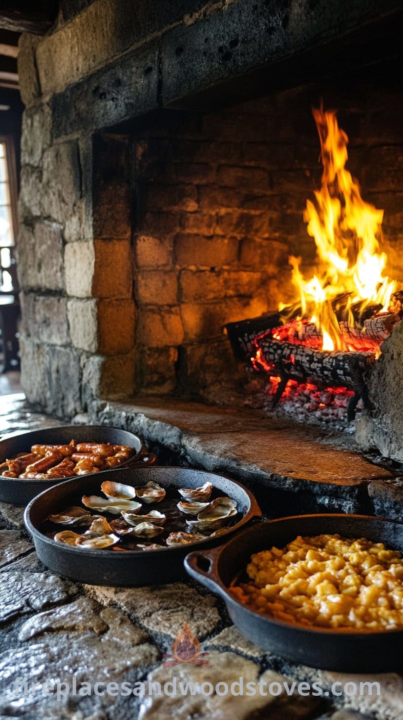 A rustic stone fireplace with a crackling fire, surrounded by cast-iron skillets filled with hearty dishes like macaroni and cheese and chicken wings, creating a warm and inviting atmosphere.
