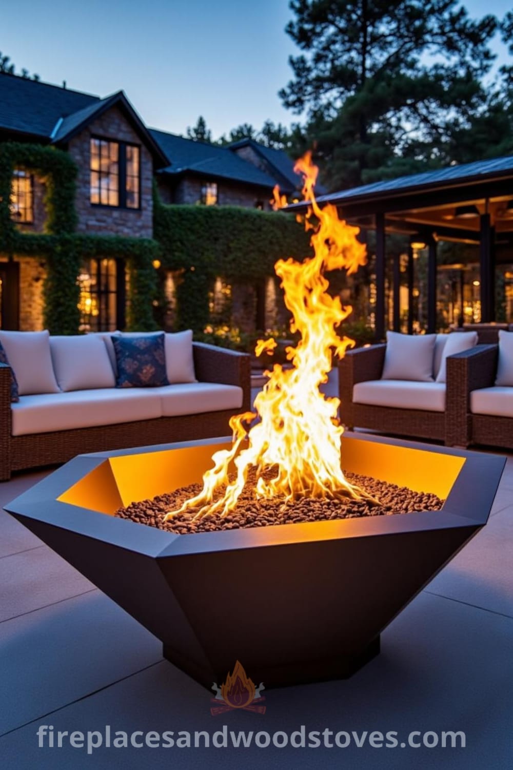Art Deco fire pit in a stylish outdoor lounge area with bold geometric design, striking metallic finishes, surrounded by weathered stone, soft wood furniture, and scattered cushions, creating a cozy atmosphere perfect for intimate gatherings, featured on fireplacesandwoodstoves.com.