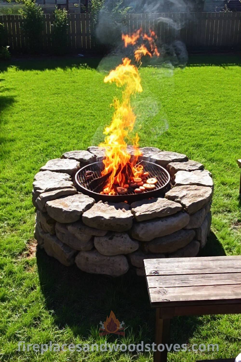 Outdoor stone fire pit with grill in a sun-drenched backyard, surrounded by lush green grass and friends enjoying the cozy atmosphere filled with laughter and grilled food, showcasing stylish ideas that will wow your guests. Visit patioandhomefurniture.com for incredible outdoor design inspiration.