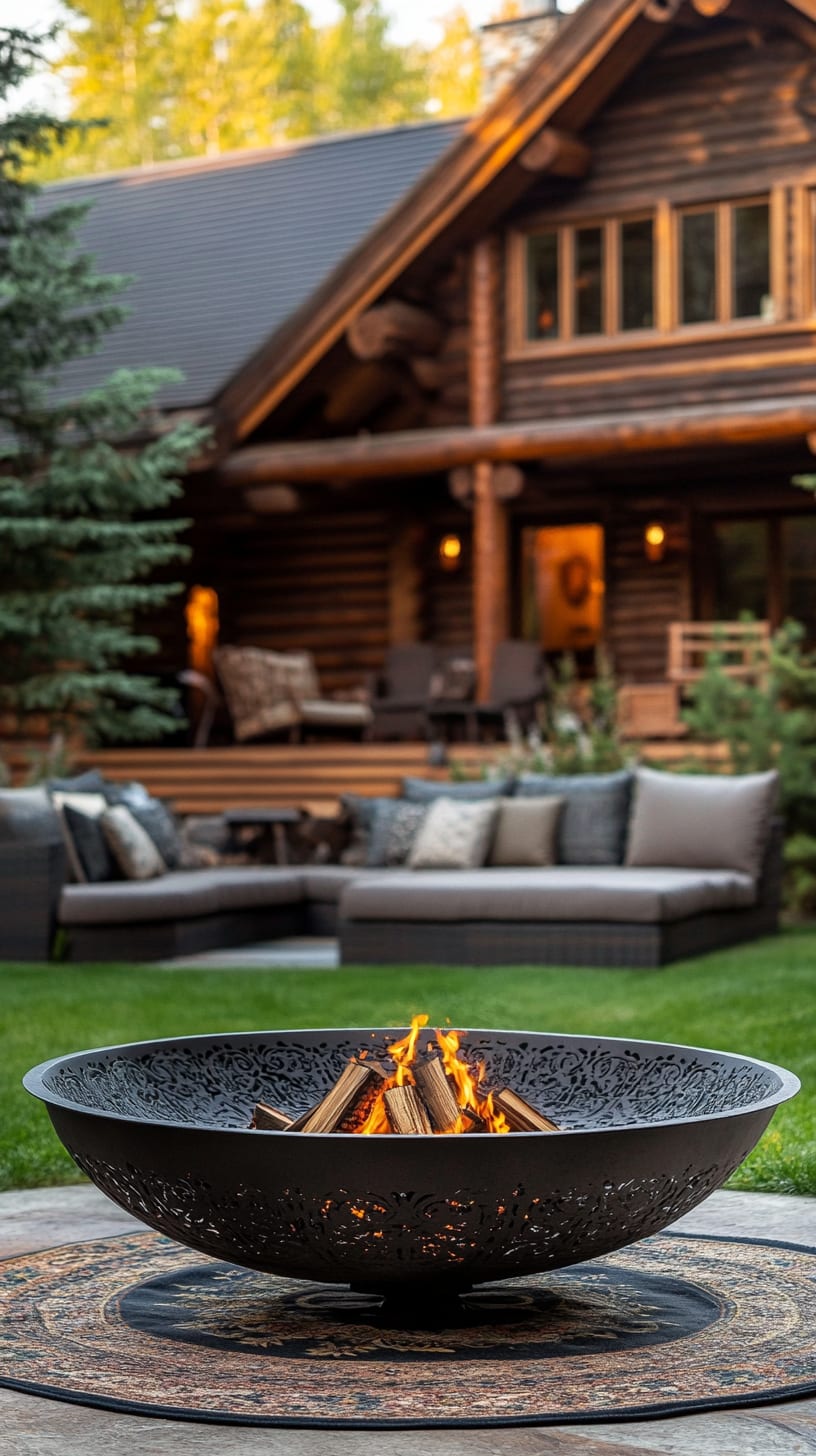 A beautifully designed fire pit with intricate patterns surrounded by outdoor seating and a luxurious log cabin in the background, set in a lush green landscape.