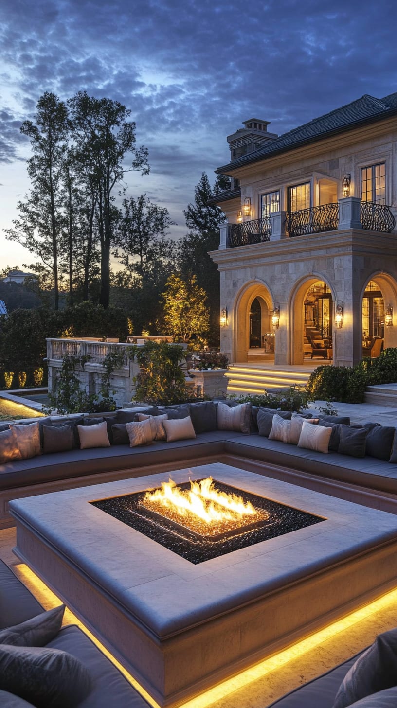 An elegant outdoor seating area featuring a plush arrangement of sofas around an oversized fire pit, set against a luxurious mansion under the night sky.