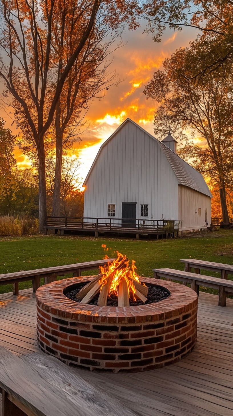 A large round red brick fire pit on a wooden deck in front of a white barn at sunset, surrounded by fall foliage and warm colors in the sky.