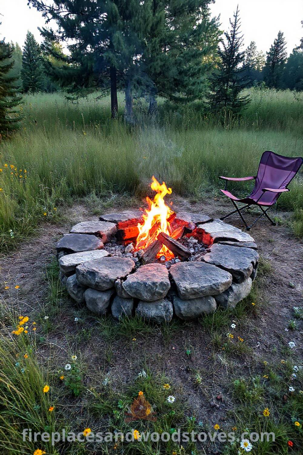 Fire pit gathering in a cozy backyard setting, surrounded by wildflowers and tall grasses, with chairs inviting friends to enjoy the warm flames and starlit sky. Visit patioandhomefurniture.com for stylish outdoor design ideas.