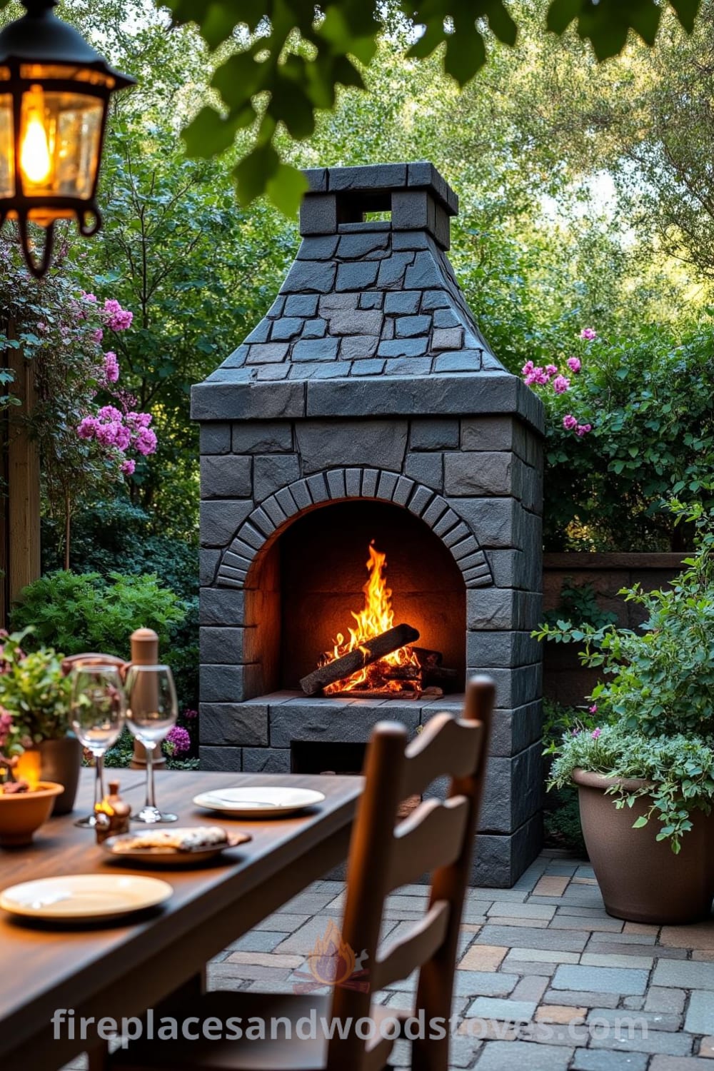 Gothic stone outdoor barbecue in a vibrant garden setting, featuring medieval-inspired carvings, flickering flames, a rustic wooden table with mismatched chairs, and earthy aromas, offering cozy ideas and unique inspirations for your home. Visit fireplacesandwoodstoves.com for more decor ideas.