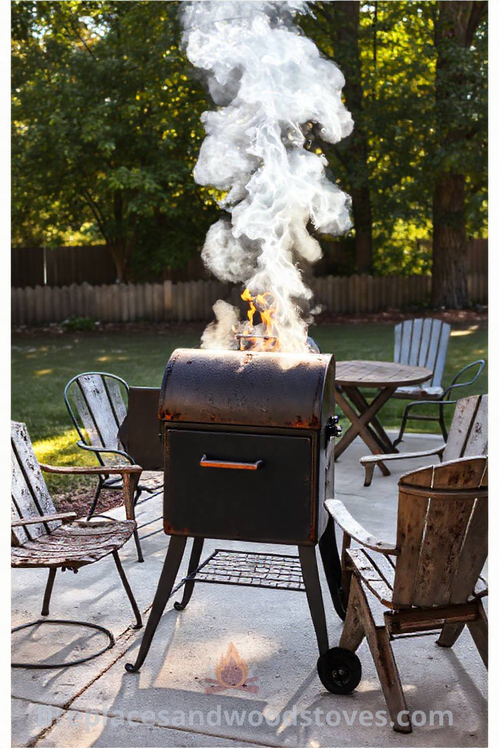 Sturdy barbecue smoker on a concrete patio surrounded by mismatched chairs and a wooden table, creating a cozy and inviting outdoor gathering space ideal for flavorful meals and gatherings. Visit patioandhomefurniture.com for stylish outdoor inspiration.