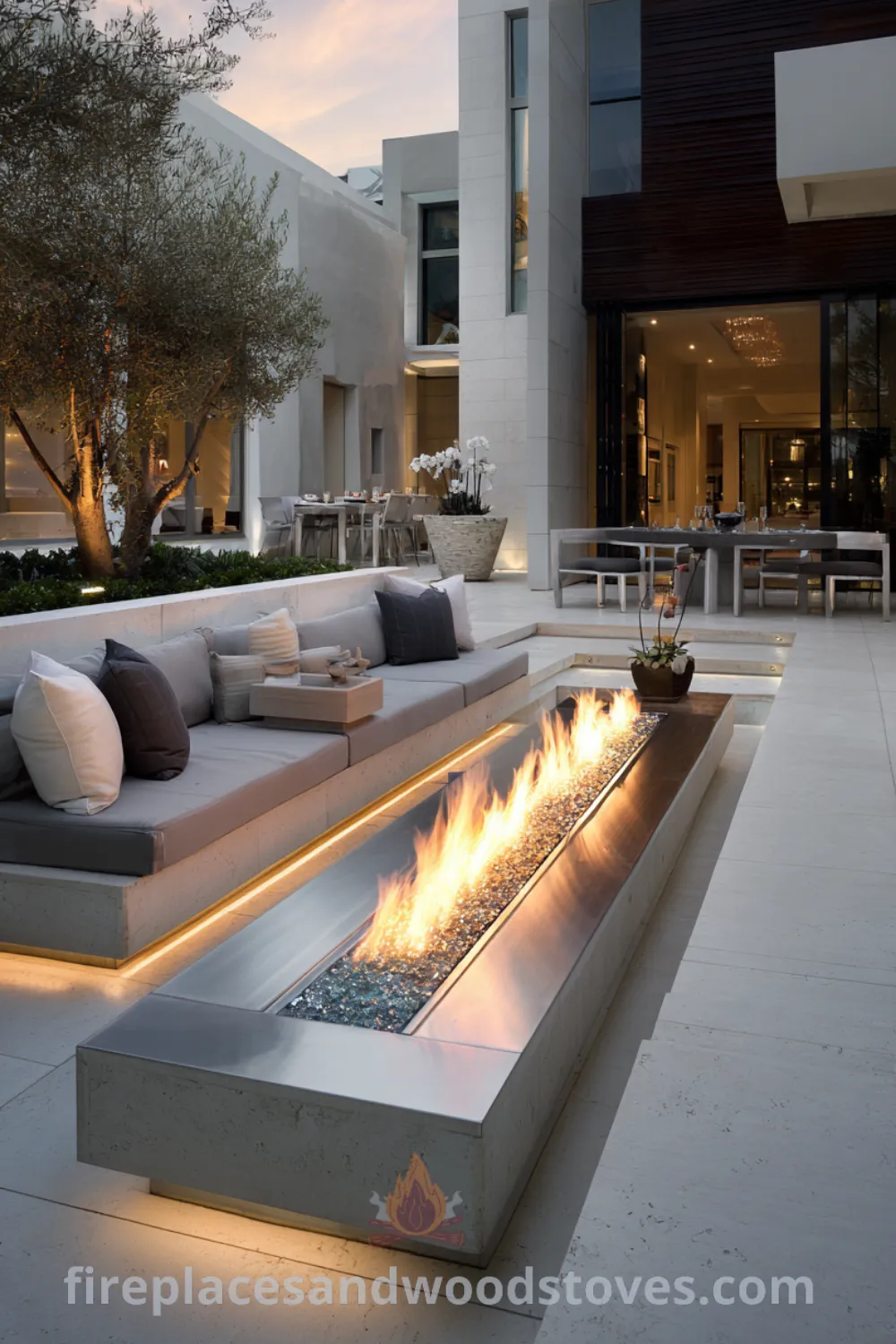 Sophisticated fire pit area featuring a modern luxury fire pit, high-end outdoor furniture, and bespoke fire pit design for elegant gatherings.