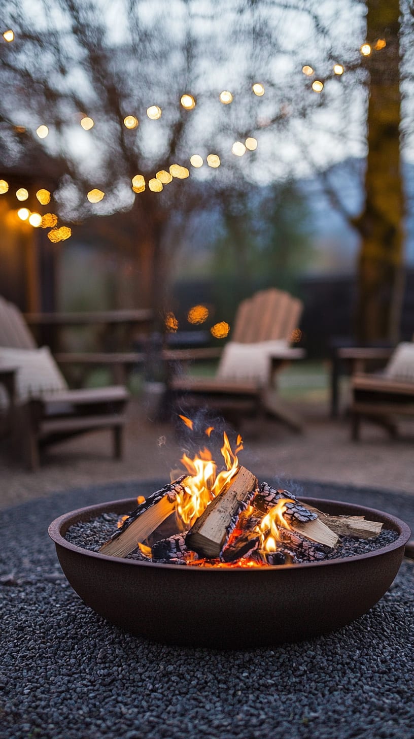 A cozy fire pit with burning wood surrounded by comfortable chairs and string lights, creating a warm atmosphere in a garden during twilight.
