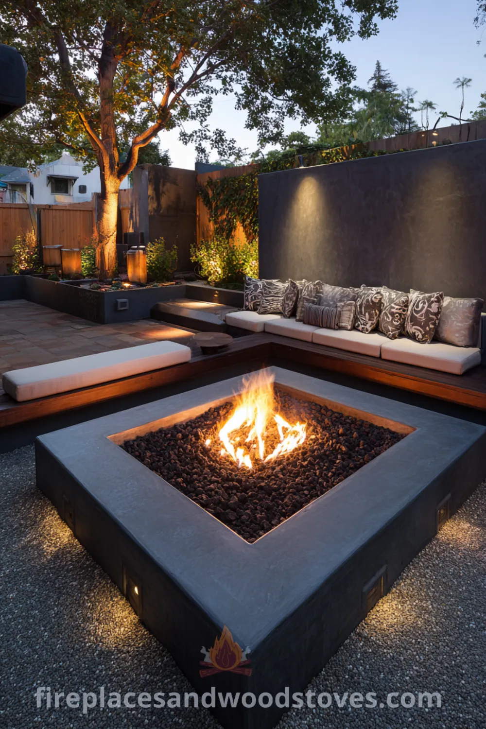 Modern minimalist fire pit with dark lava rock, simple outdoor seating, and gravel outdoor space elements creating a tranquil retreat.